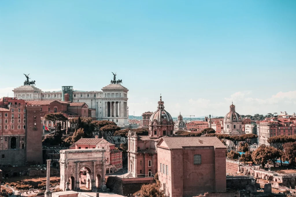 Historic rooftops, church domes and monuments in Rome